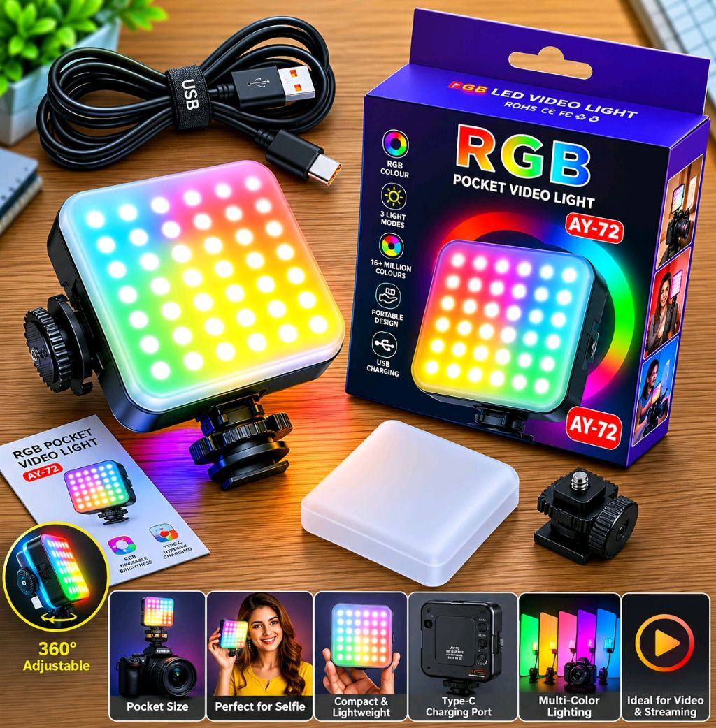 چراغ ویدئویی RGB مدل AY-72 نورپردازی حرفه‌ای با ۷۲ المان LED