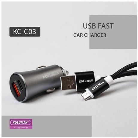 شارژر فندکی کلومن مدل KC-C03 به همراه کابل MicroUSB و TYPE-C
